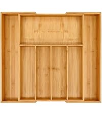 VaeFae Bamboo Silverware Drawer Organizer, 6 Slots, Natural