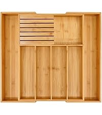 VaeFae Bamboo Silverware Drawer Organizer, 6 Slots, Natural