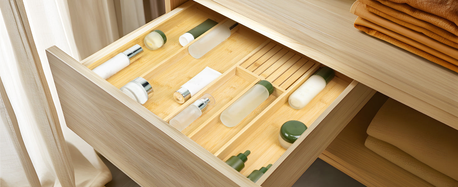 VaeFae Bamboo Silverware Drawer Organizer, 6 Slots, Natural