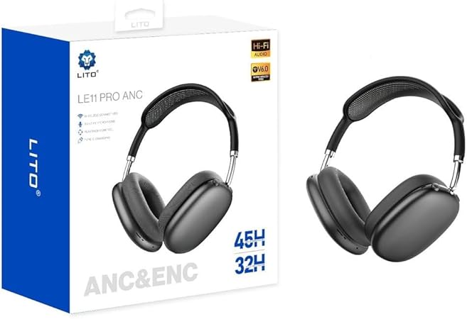 Wireless Bluetooth Headphones with ANC & ENC Noise Cancelling, On-Ear HiFi Stereo Sound Headset with Long Battery Life & Built-in Mic for iPhone & Android Smartphones (Black)