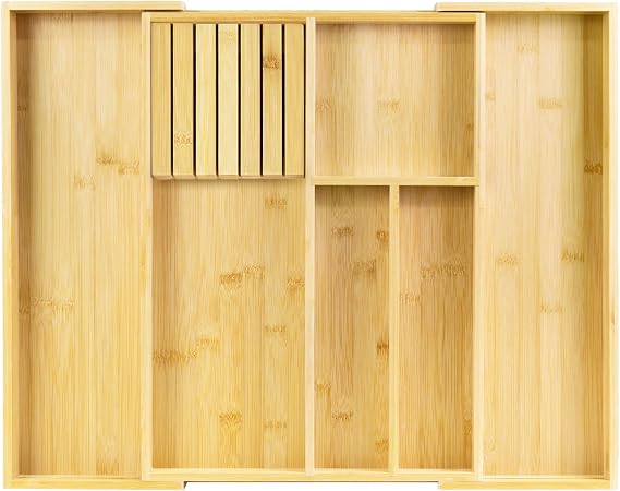 VaeFae Bamboo Silverware Drawer Organizer, 6 Slots, Natural