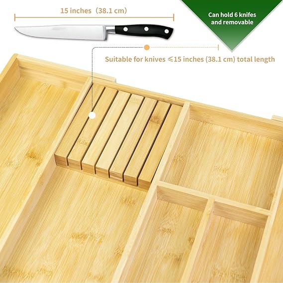 VaeFae Bamboo Silverware Drawer Organizer, 6 Slots, Natural