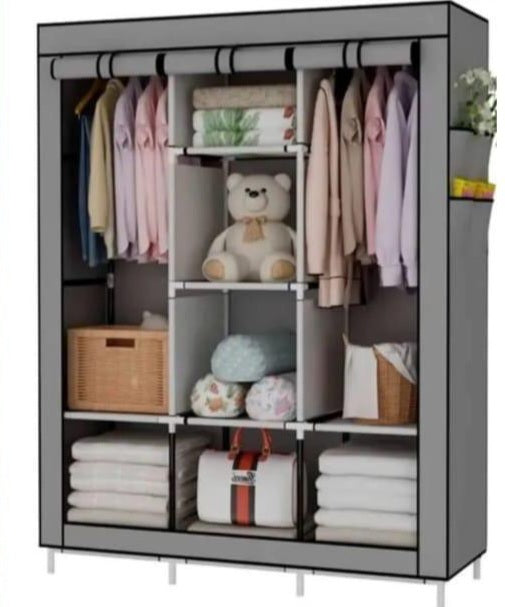 Portable Wardrobe Closet Clothes Organizer Non-Woven Fabric Cover with 6 Storage Shelves, 2 Hanging Sections and 4 Side Pockets