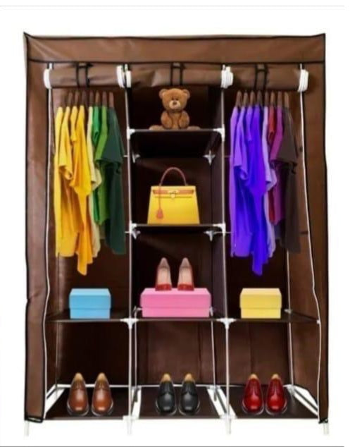 Portable Wardrobe Closet Clothes Organizer Non-Woven Fabric Cover with 6 Storage Shelves, 2 Hanging Sections and 4 Side Pockets