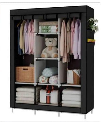 Portable Wardrobe Closet Clothes Organizer Non-Woven Fabric Cover with 6 Storage Shelves, 2 Hanging Sections and 4 Side Pockets