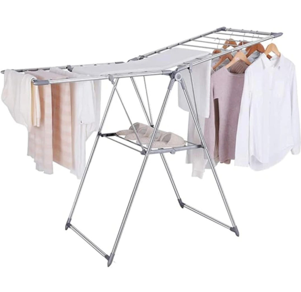 Sakugi Clothes Drying Rack with Height-Adjustable Wings, Metal Foldable Laundry Dryer Stand for Clothing & Bedding, Free-Standing Collapsible for Indoor & Outdoor Use