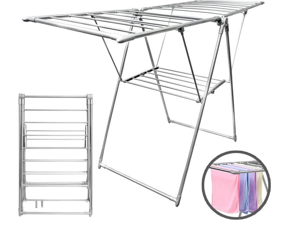 Sakugi Clothes Drying Rack with Height-Adjustable Wings, Metal Foldable Laundry Dryer Stand for Clothing & Bedding, Free-Standing Collapsible for Indoor & Outdoor Use