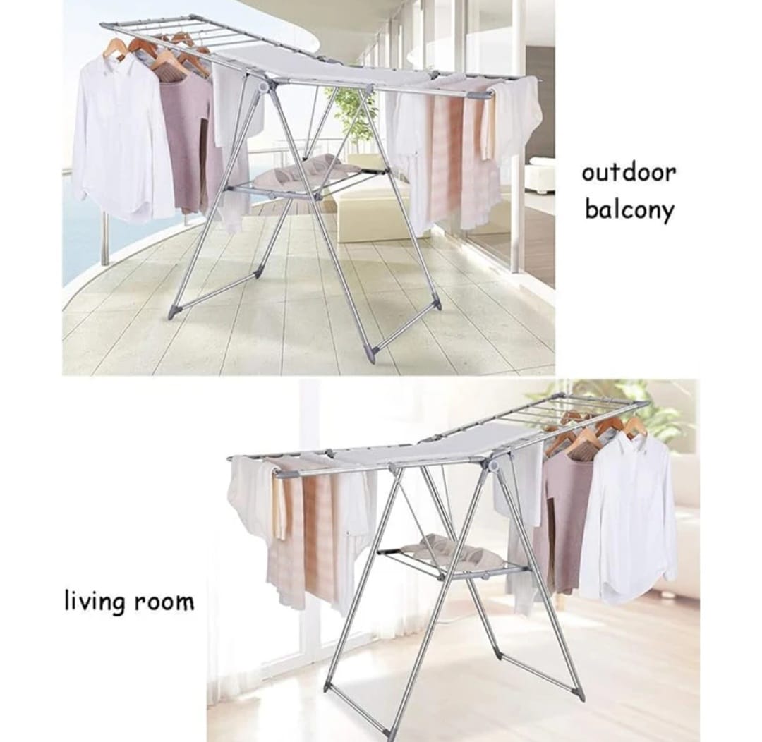 Sakugi Clothes Drying Rack with Height-Adjustable Wings, Metal Foldable Laundry Dryer Stand for Clothing & Bedding, Free-Standing Collapsible for Indoor & Outdoor Use