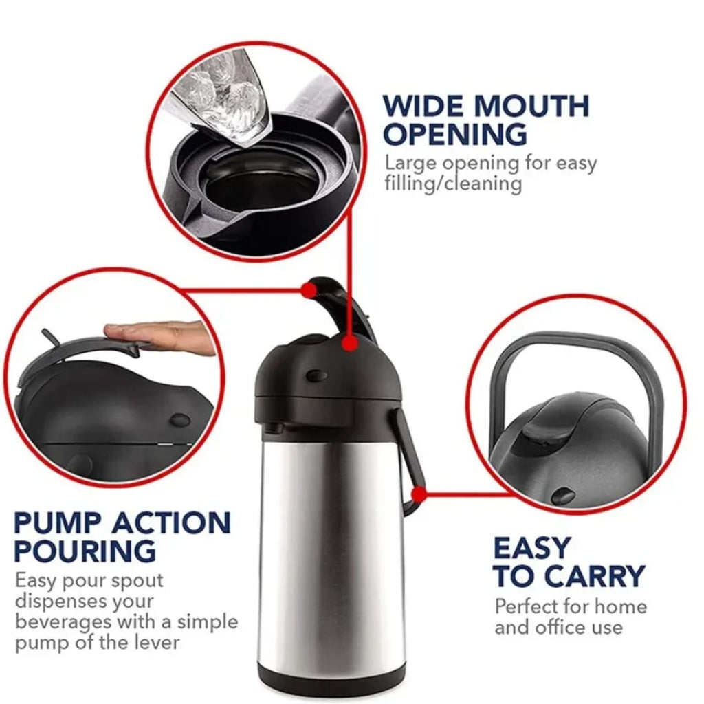 Airpot Coffee Dispenser with Pump for Hot Drinks Tea Liquid, Insulated Stainless Steel Hot Water Beverage Urn for Parties