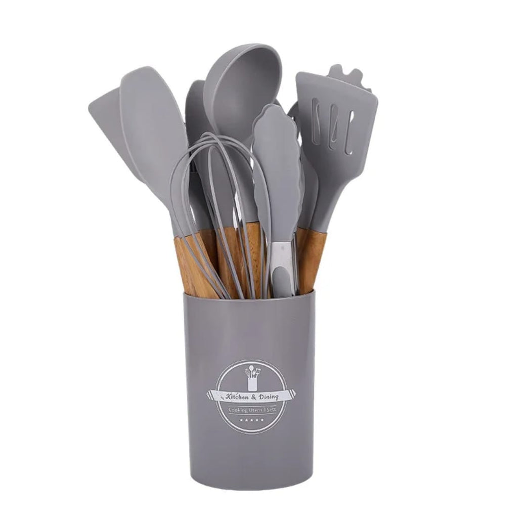 12 Pcs Purple Kitchen Accessories with Holder for Nonstick Cookware | Silicone Cooking Utensils Set for BBQ; Heat-Resistant Tools with Wooden Handles for Baking, Serving, Frying, and Mixing