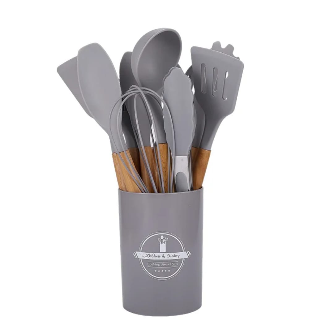 12 Pcs Purple Kitchen Accessories with Holder for Nonstick Cookware | Silicone Cooking Utensils Set for BBQ; Heat-Resistant Tools with Wooden Handles for Baking, Serving, Frying, and Mixing