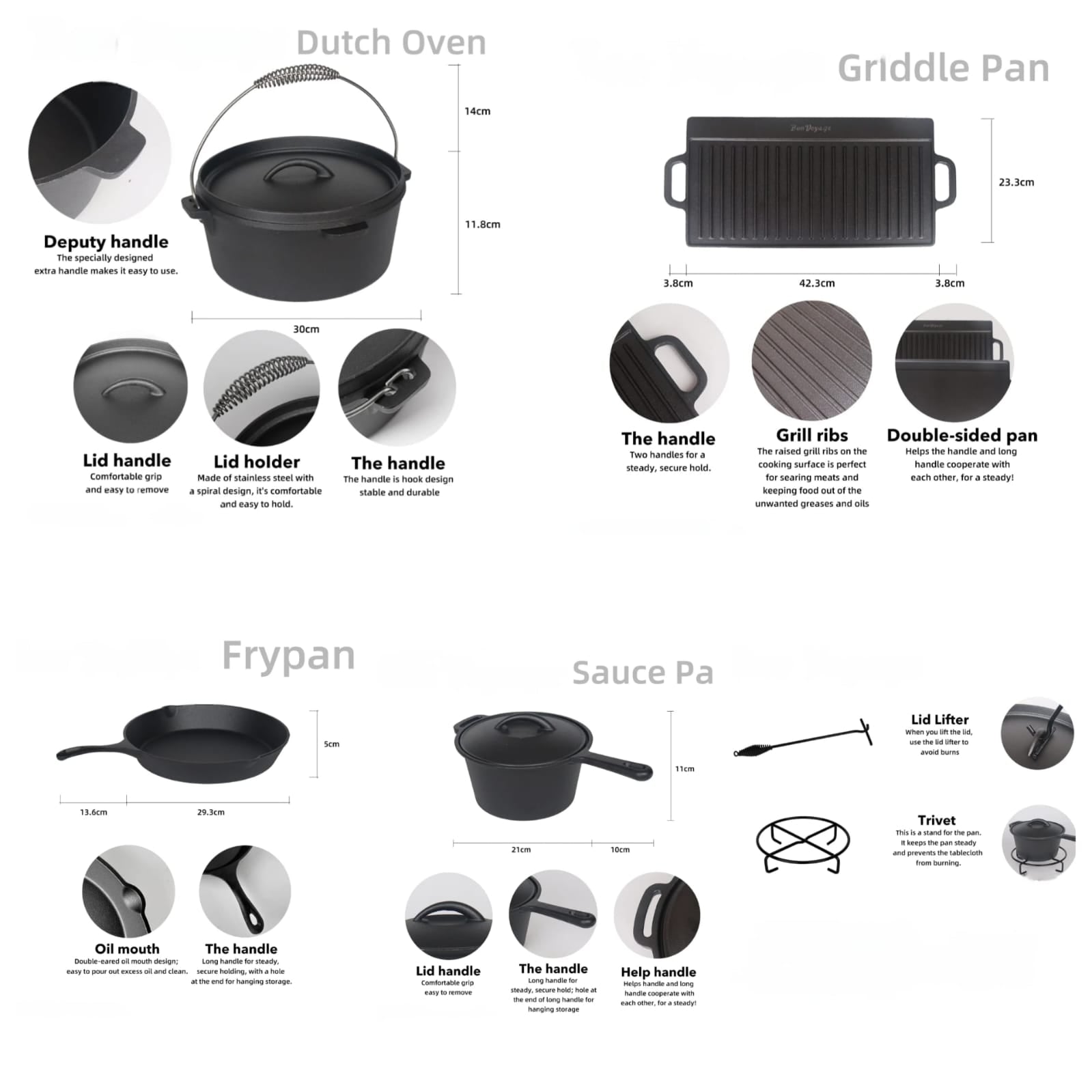 8 Piece Cast Iron Pots and Pans Set Cast Iron Skillets Bakeware And Square Grill Pan Camping Kitchen Cookware